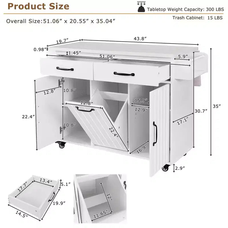 Kitchen Island Cart with Tilt-Out Trash Storage and Rolling Wheels, White