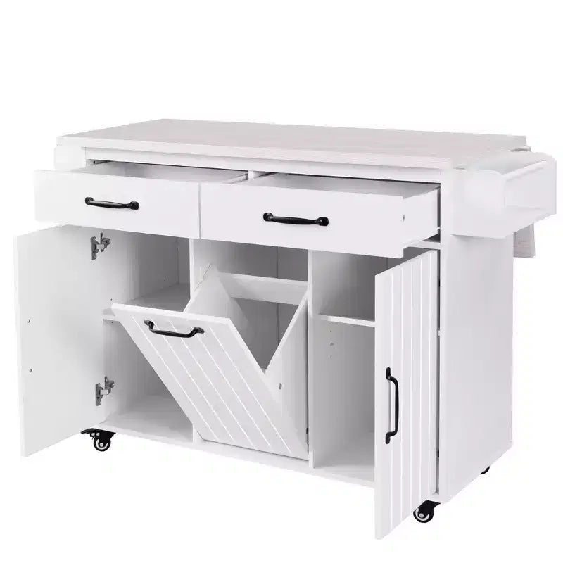 Kitchen Island Cart with Tilt-Out Trash Storage and Rolling Wheels, White