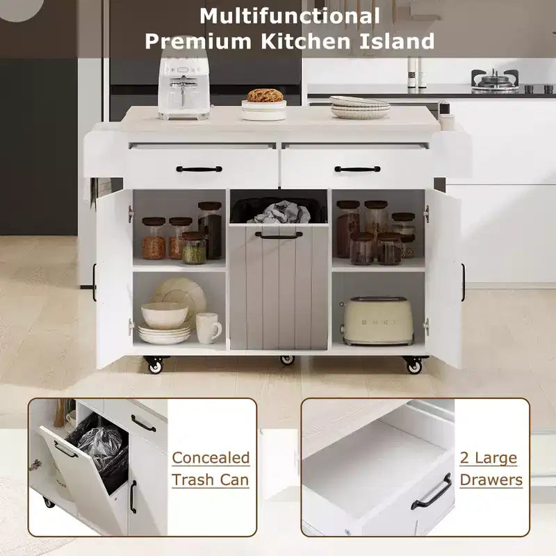 Kitchen Island Cart with Tilt-Out Trash Storage and Rolling Wheels, White