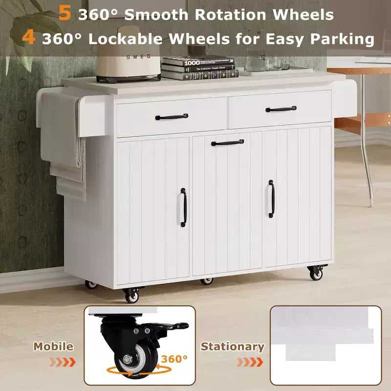 Kitchen Island Cart with Tilt-Out Trash Storage and Rolling Wheels, White