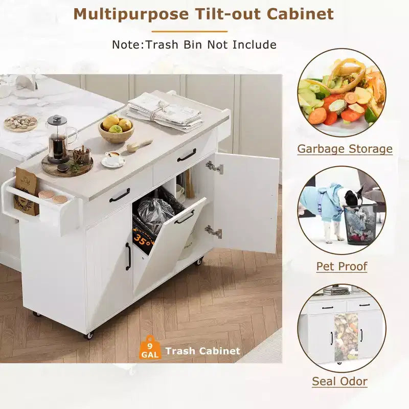 Kitchen Island Cart with Tilt-Out Trash Storage and Rolling Wheels, White