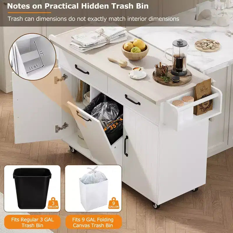 Kitchen Island Cart with Tilt-Out Trash Storage and Rolling Wheels, White