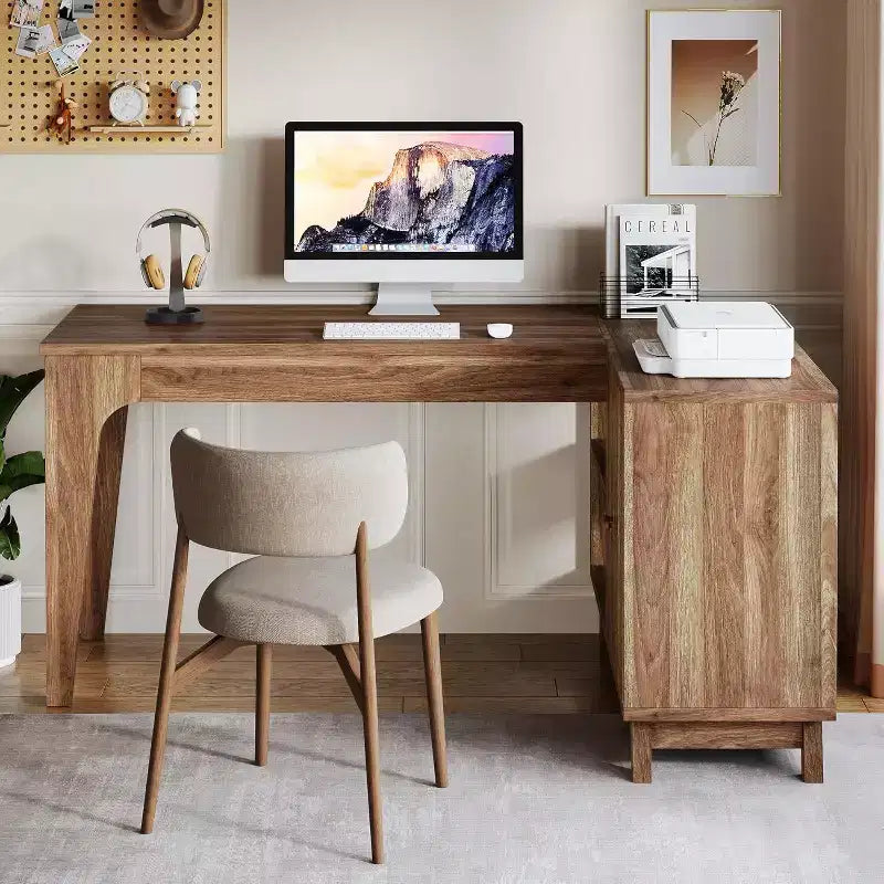L-Shaped Desk with Storage Cabinet, 57-Inch Wood Corner Workstation, Home Office Computer Desk, Walnut
