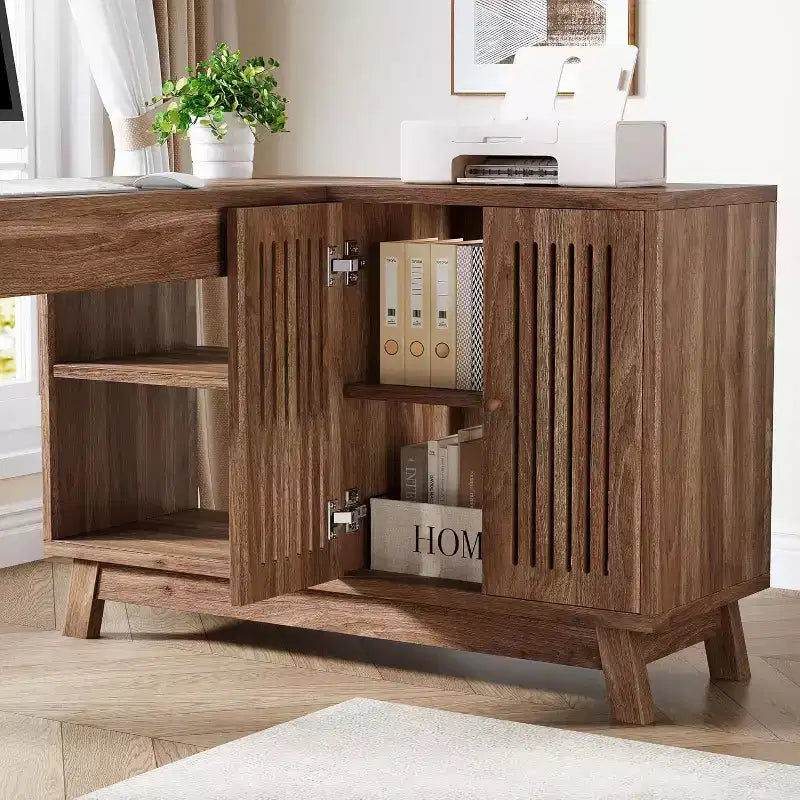L-Shaped Desk with Storage Cabinet, 57-Inch Wood Corner Workstation, Home Office Computer Desk, Walnut