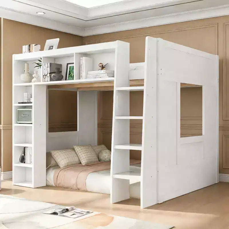 Queen Wood Loft Bed with 8 Storage Shelves for Apartment