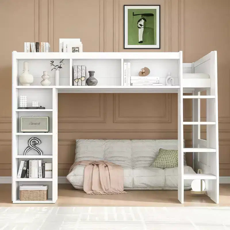 Queen Wood Loft Bed with 8 Storage Shelves for Apartment