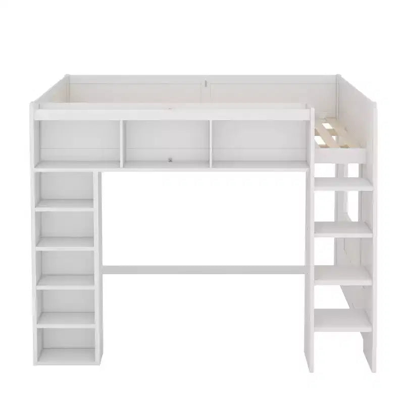 Queen Wood Loft Bed with 8 Storage Shelves for Apartment
