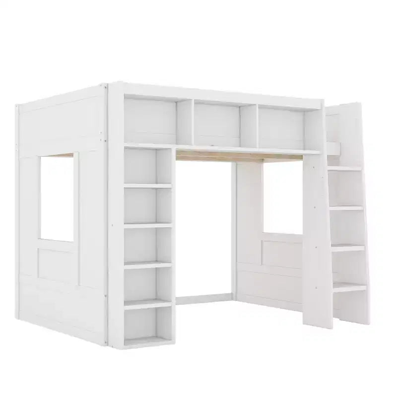 Queen Wood Loft Bed with 8 Storage Shelves for Apartment