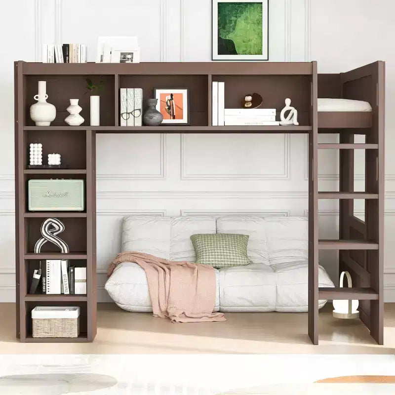 Queen Wood Loft Bed with 8 Storage Shelves for Apartment
