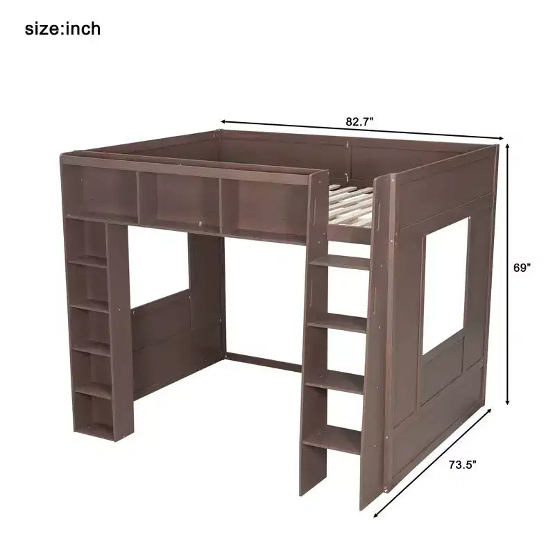 Queen Wood Loft Bed with 8 Storage Shelves for Apartment