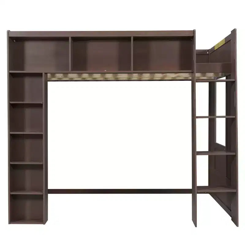 Queen Wood Loft Bed with 8 Storage Shelves for Apartment