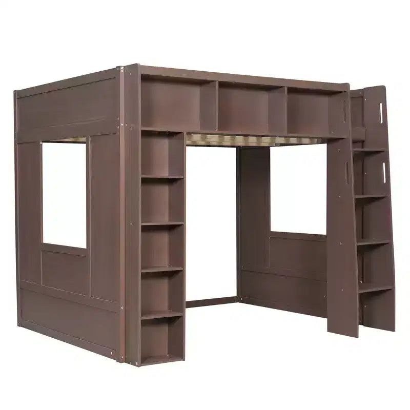 Queen Wood Loft Bed with 8 Storage Shelves for Apartment