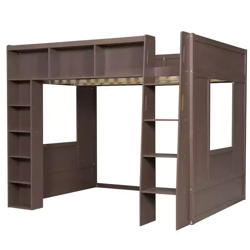 Queen Wood Loft Bed with 8 Storage Shelves for Apartment