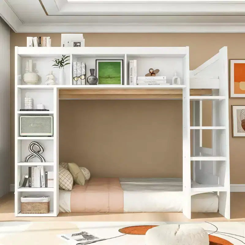 Queen Wood Loft Bed with 8 Storage Shelves for Apartment