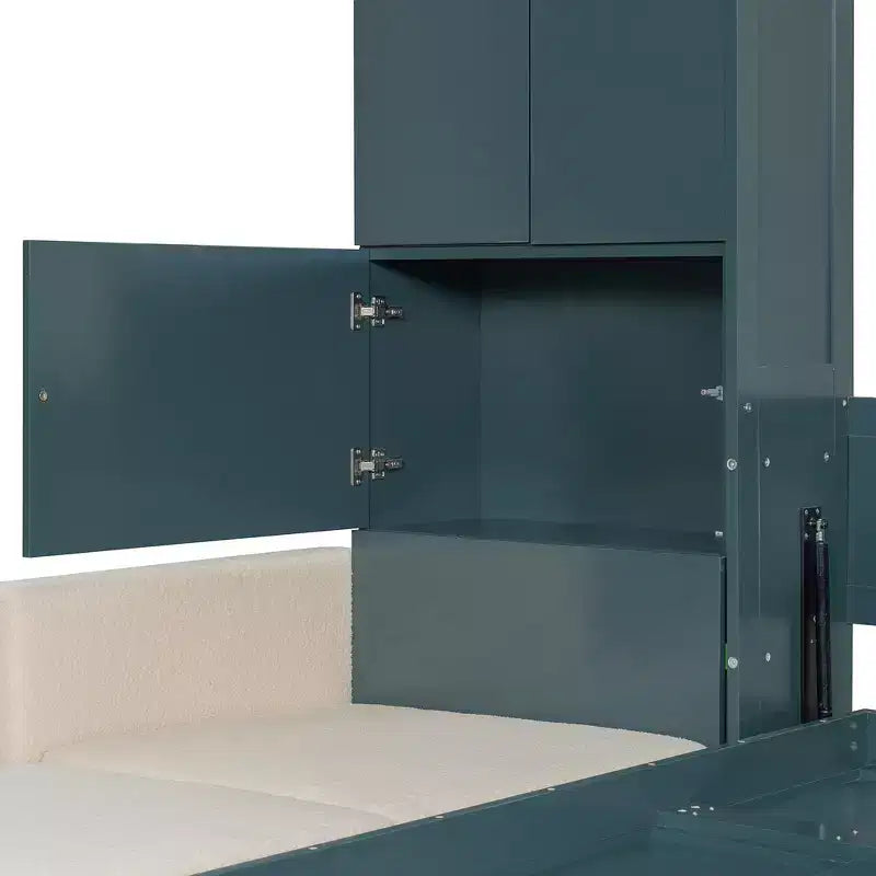 Queen Murphy Wall Bed with Beige Sofa and Shelves, Green Panel