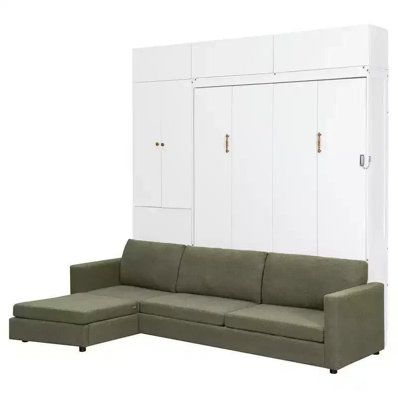 Queen Murphy Wall Bed with Beige Sofa and Shelves, Green Panel