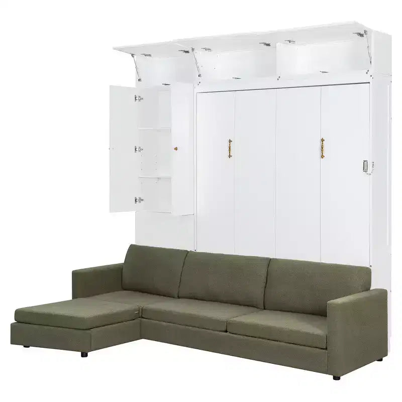 Queen Murphy Wall Bed with Beige Sofa and Shelves, Green Panel