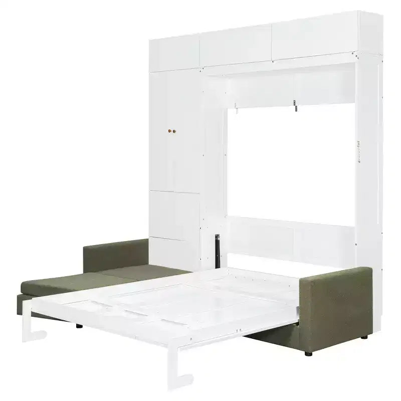 Queen Murphy Wall Bed with Beige Sofa and Shelves, Green Panel