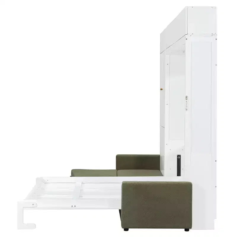 Queen Murphy Wall Bed with Beige Sofa and Shelves, Green Panel