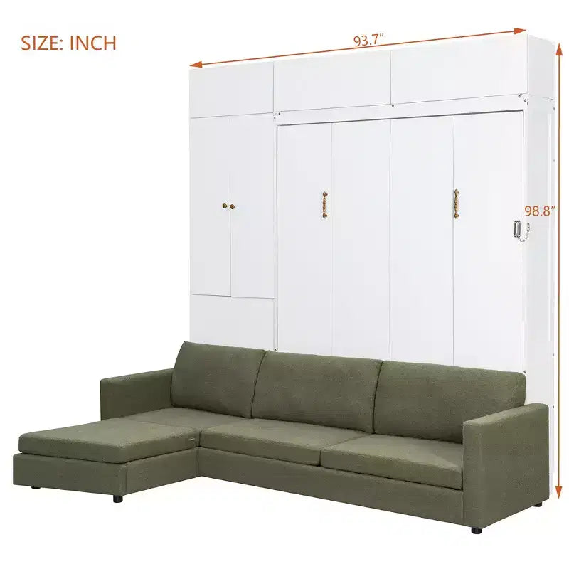 Queen Murphy Wall Bed with Beige Sofa and Shelves, Green Panel