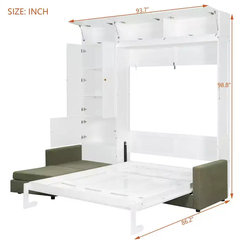 Queen Murphy Wall Bed with Beige Sofa and Shelves, Green Panel