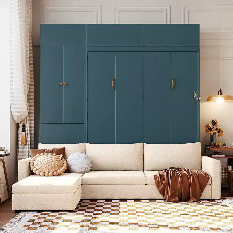 Queen Murphy Wall Bed with Beige Sofa and Shelves, Green Panel
