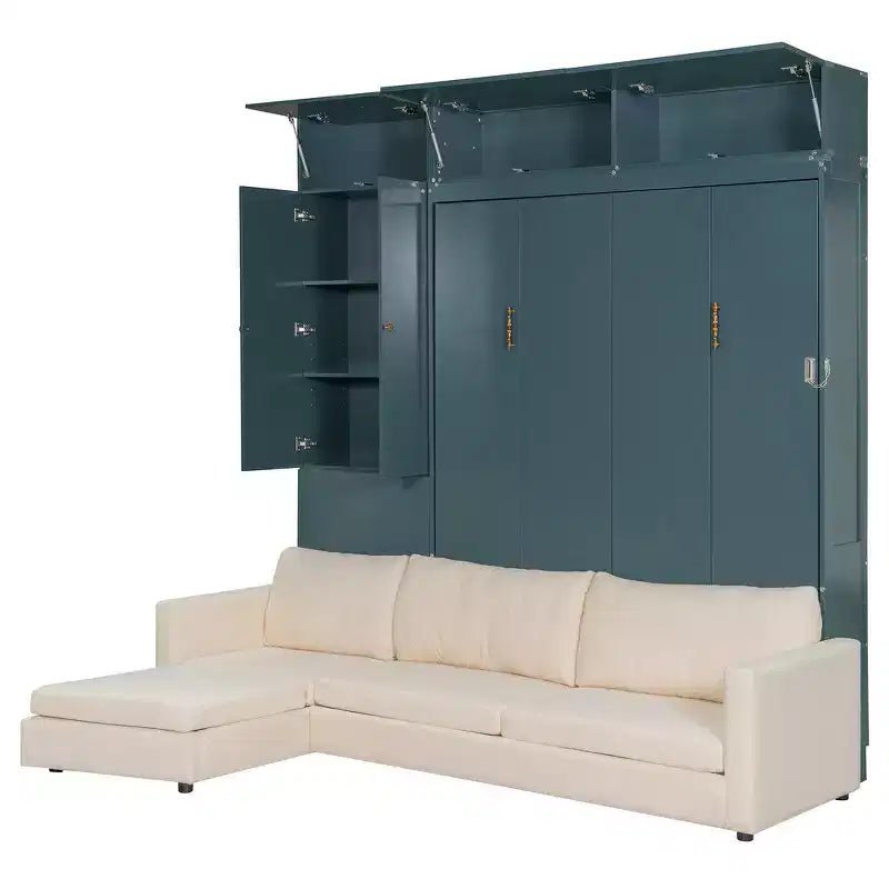 Queen Murphy Wall Bed with Beige Sofa and Shelves, Green Panel