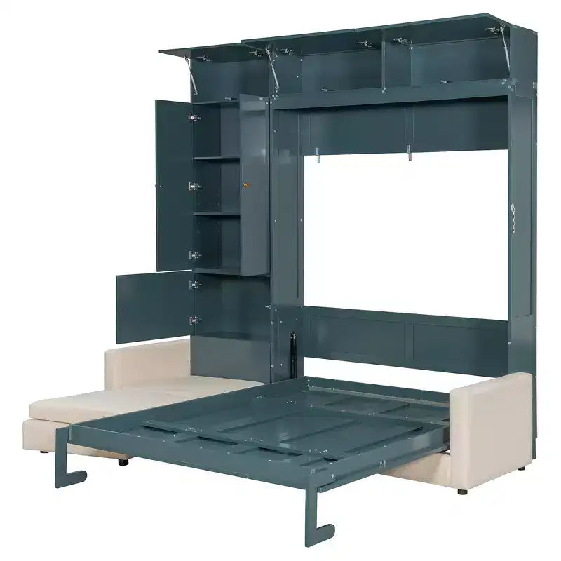 Queen Murphy Wall Bed with Beige Sofa and Shelves, Green Panel