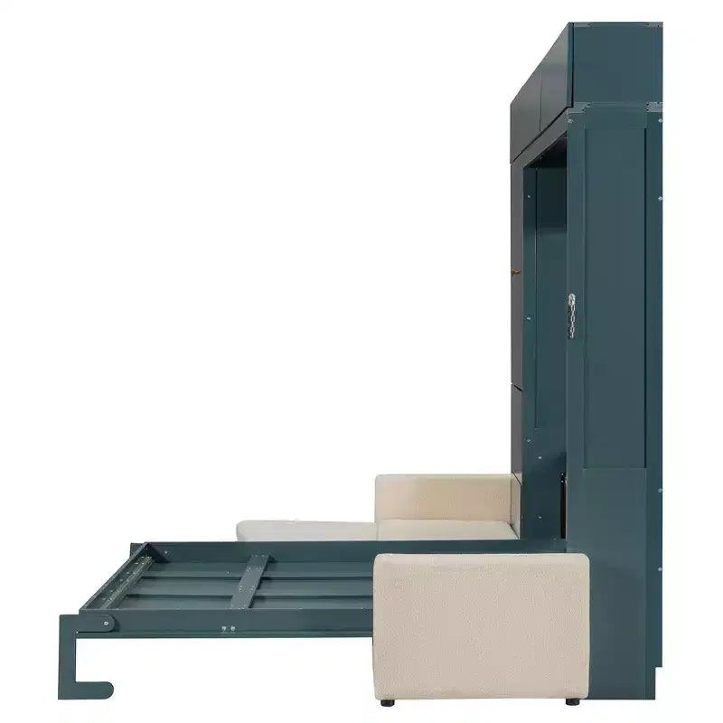 Queen Murphy Wall Bed with Beige Sofa and Shelves, Green Panel
