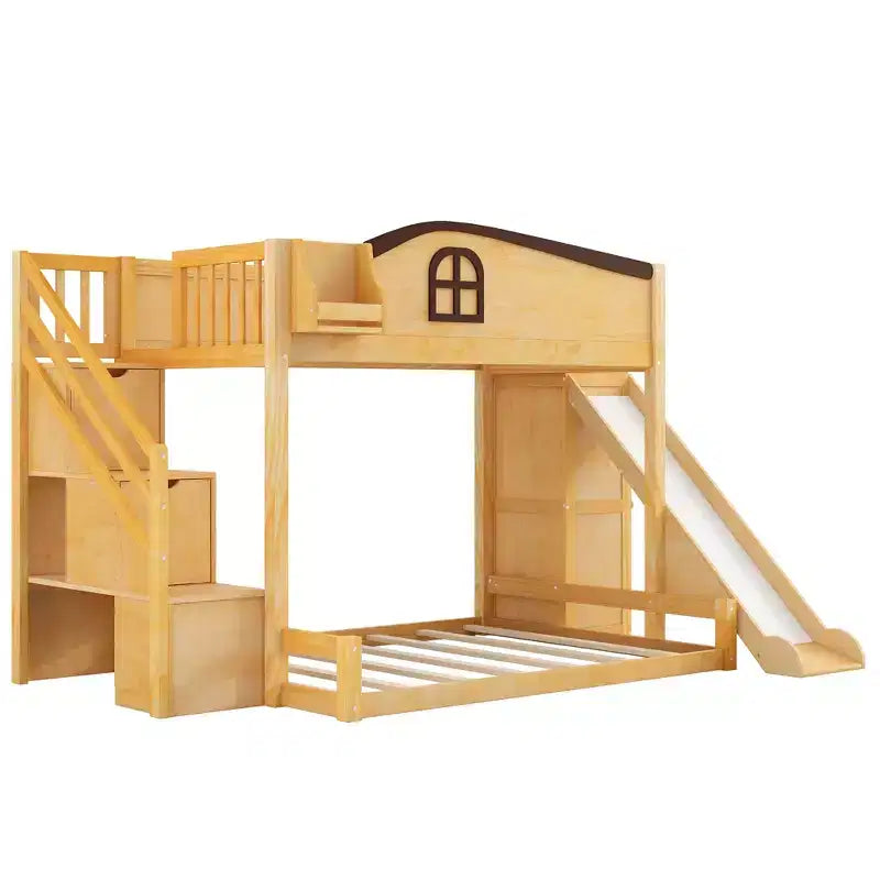 Twin over Full Bunk Bed with Slide, Shelves, Storage Staircase and Wardrobe for Kids' Room