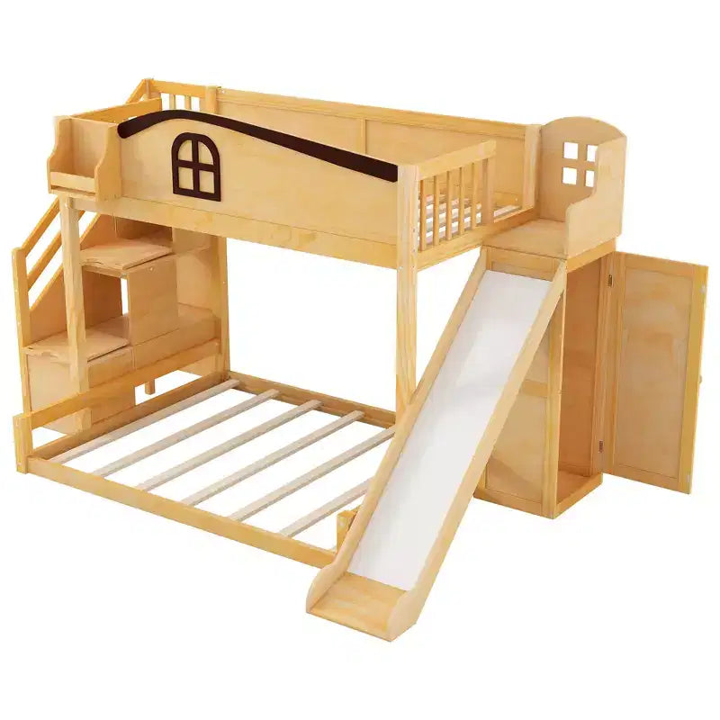 Twin over Full Bunk Bed with Slide, Shelves, Storage Staircase and Wardrobe for Kids' Room