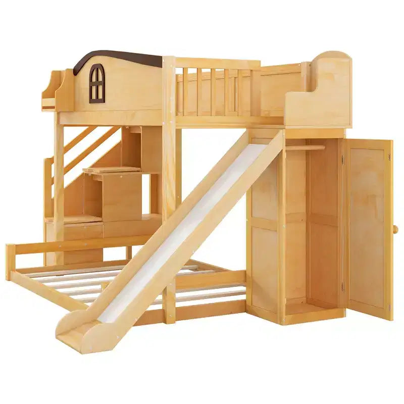 Twin over Full Bunk Bed with Slide, Shelves, Storage Staircase and Wardrobe for Kids' Room