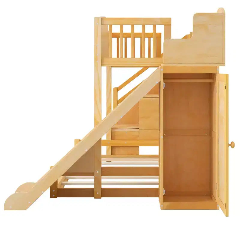 Twin over Full Bunk Bed with Slide, Shelves, Storage Staircase and Wardrobe for Kids' Room