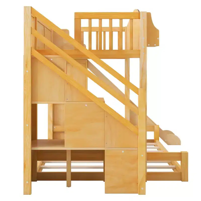 Twin over Full Bunk Bed with Slide, Shelves, Storage Staircase and Wardrobe for Kids' Room