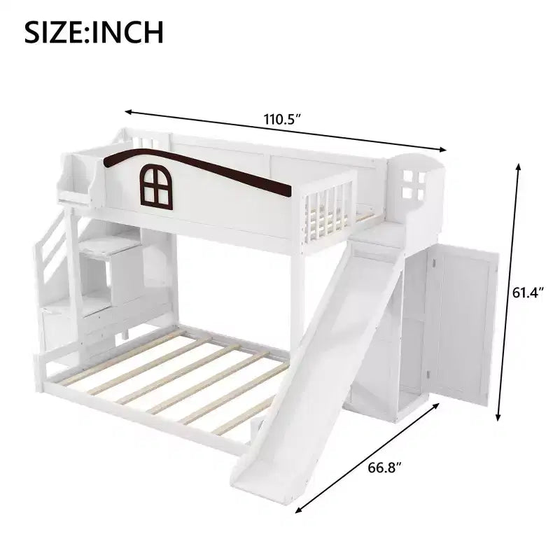 Twin over Full Bunk Bed with Slide, Shelves, Storage Staircase and Wardrobe for Kids' Room