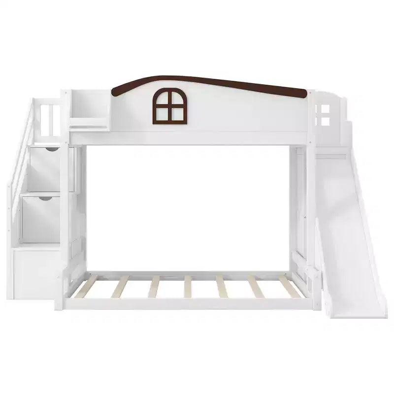 Twin over Full Bunk Bed with Slide, Shelves, Storage Staircase and Wardrobe for Kids' Room