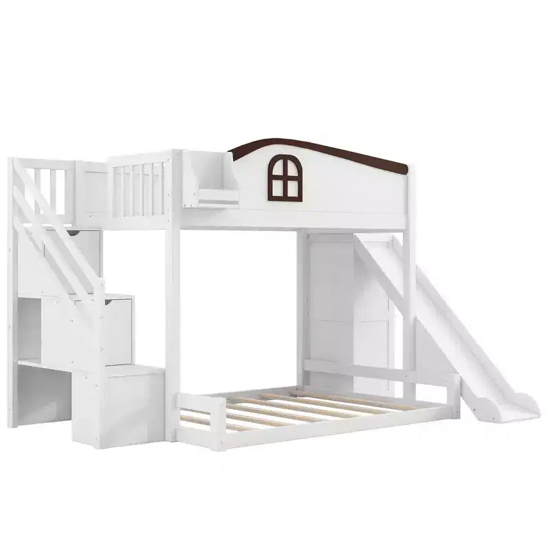 Twin over Full Bunk Bed with Slide, Shelves, Storage Staircase and Wardrobe for Kids' Room