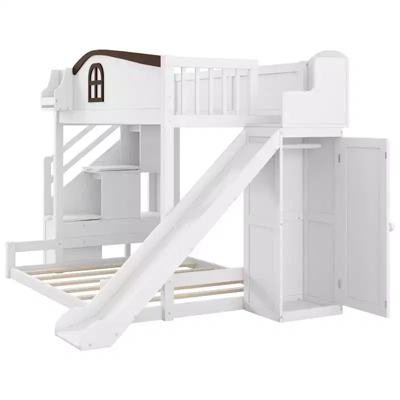 Twin over Full Bunk Bed with Slide, Shelves, Storage Staircase and Wardrobe for Kids' Room