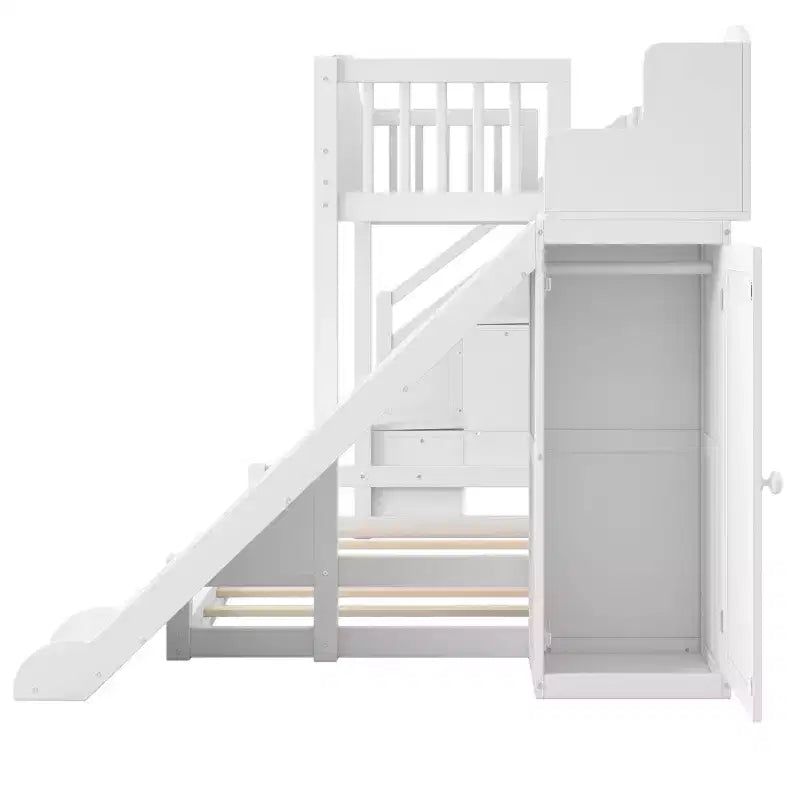 Twin over Full Bunk Bed with Slide, Shelves, Storage Staircase and Wardrobe for Kids' Room