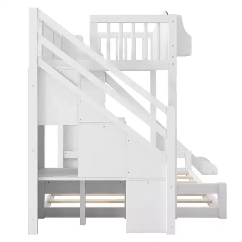 Twin over Full Bunk Bed with Slide, Shelves, Storage Staircase and Wardrobe for Kids' Room