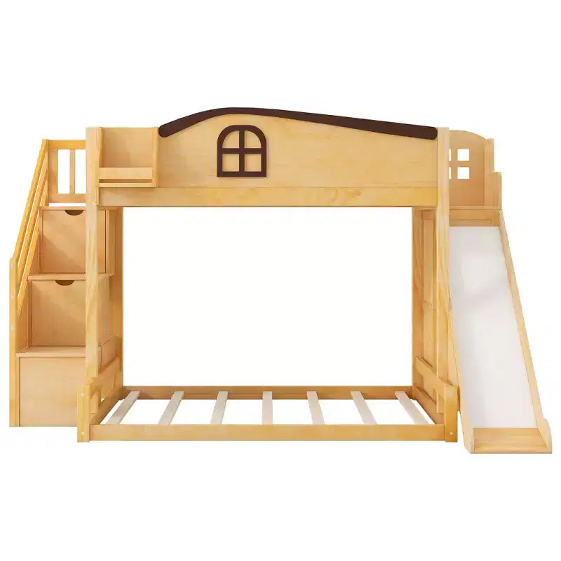 Twin over Full Bunk Bed with Slide, Shelves, Storage Staircase and Wardrobe for Kids' Room
