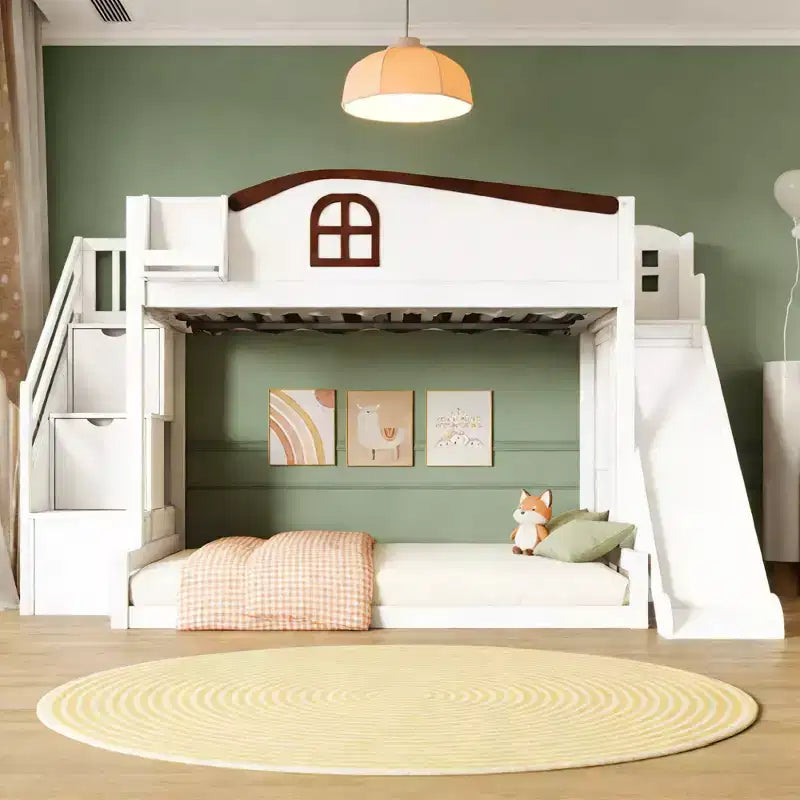 Twin over Full Bunk Bed with Slide, Shelves, Storage Staircase and Wardrobe for Kids' Room