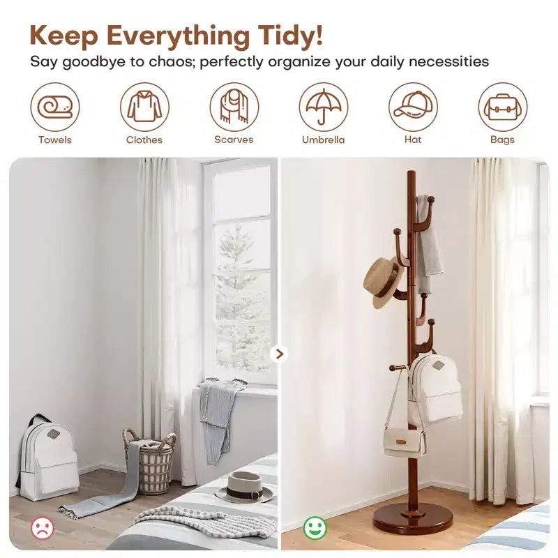 Cactus Freestanding Coat Rack, Solid Wood Coat Tree with 7 Hooks and Sturdy Round Base for Entryway