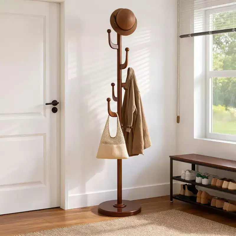 Cactus Freestanding Coat Rack, Solid Wood Coat Tree with 7 Hooks and Sturdy Round Base for Entryway