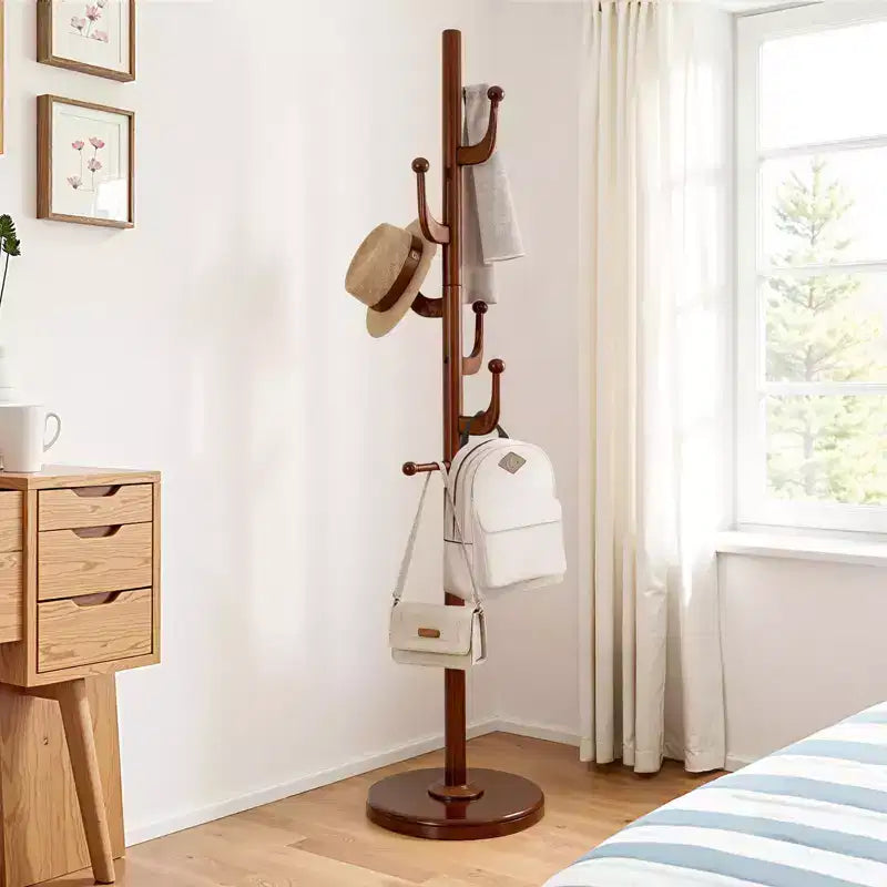 Cactus Freestanding Coat Rack, Solid Wood Coat Tree with 7 Hooks and Sturdy Round Base for Entryway