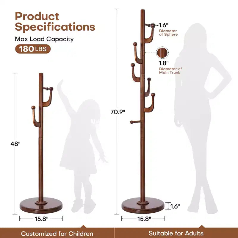 Cactus Freestanding Coat Rack, Solid Wood Coat Tree with 7 Hooks and Sturdy Round Base for Entryway