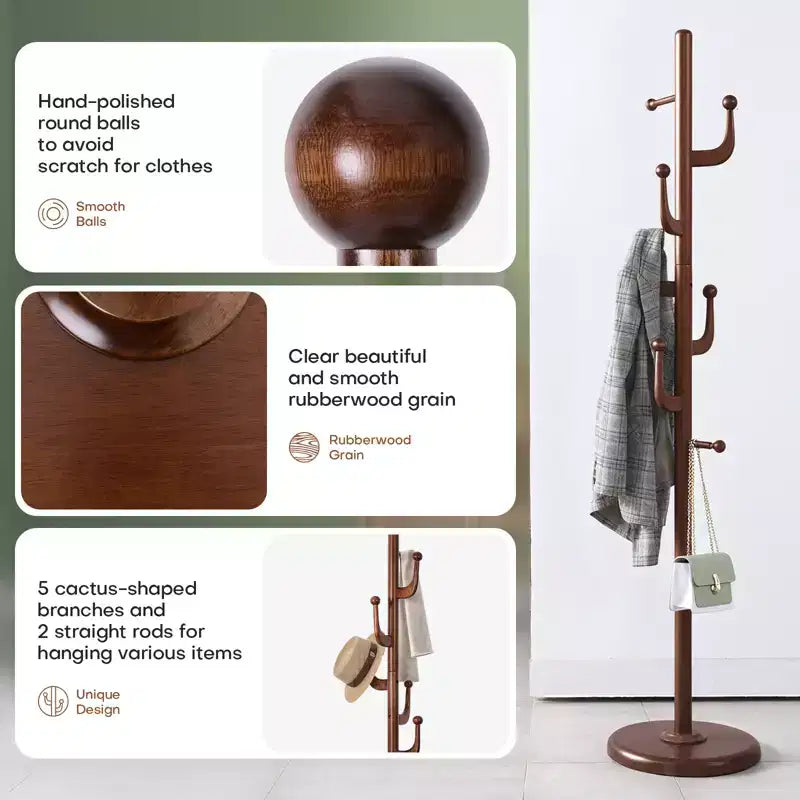 Cactus Freestanding Coat Rack, Solid Wood Coat Tree with 7 Hooks and Sturdy Round Base for Entryway