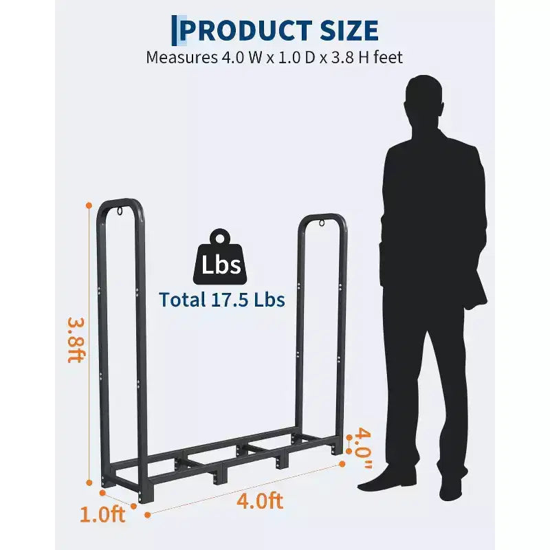 Firewood Rack Stand 4ft, Steel Log Holder, Wood Pile Storage Organizer for Fireplace Fire Pit, Heavy Duty