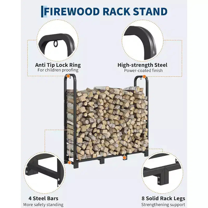 Firewood Rack Stand 4ft, Steel Log Holder, Wood Pile Storage Organizer for Fireplace Fire Pit, Heavy Duty