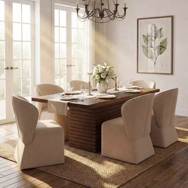 Modern 7 Piece Wooden and Metal Dining Set with Upholstered Chairs